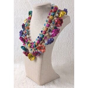 Multicolor Floral Statement Necklace Gold Tone Fabric Flowers Layered